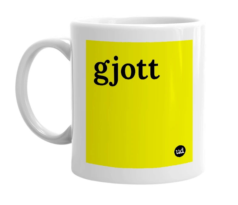 White mug with 'gjott' in bold black letters