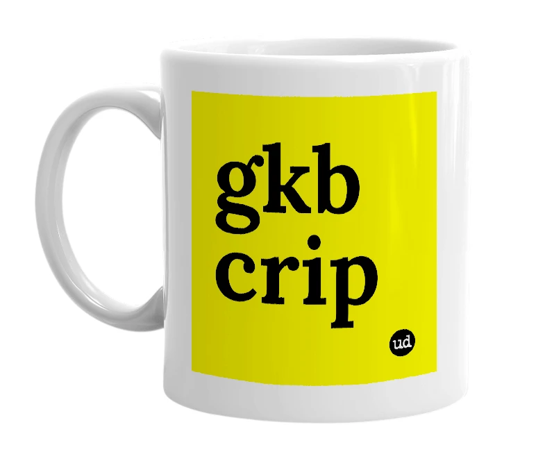 White mug with 'gkb crip' in bold black letters