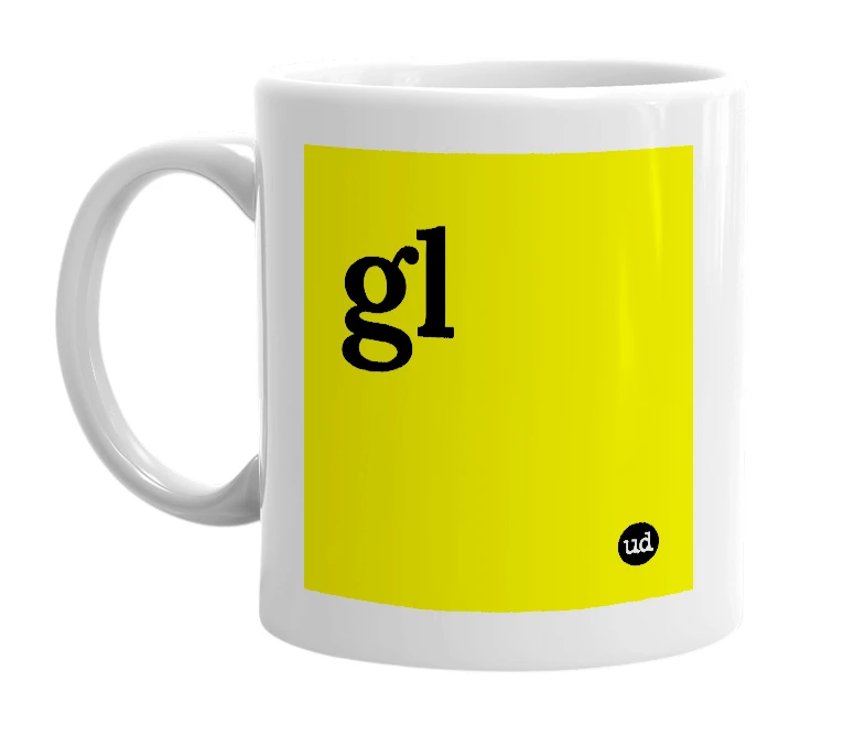 White mug with 'gl' in bold black letters