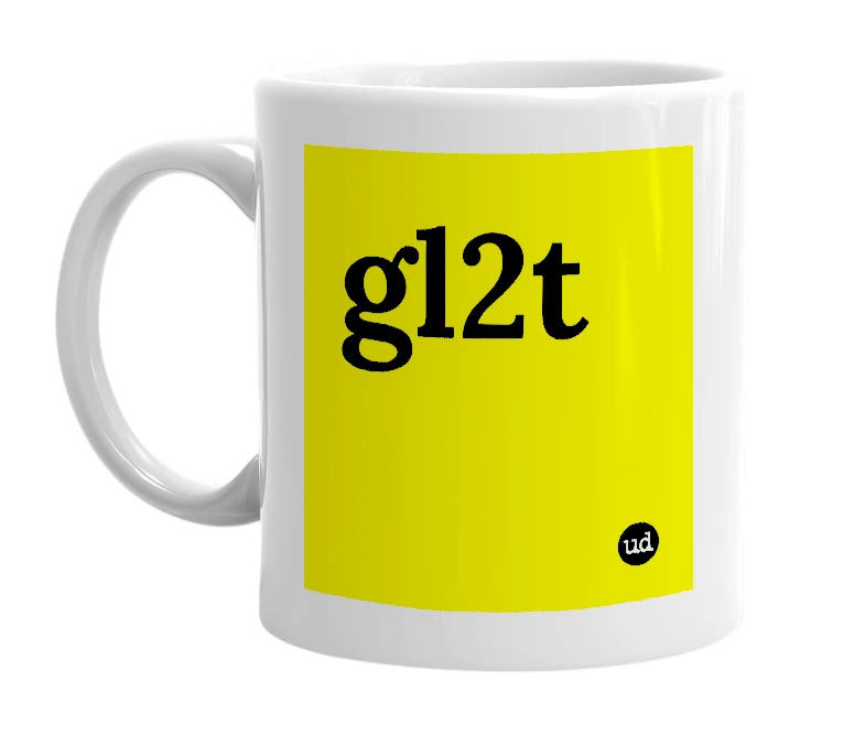 White mug with 'gl2t' in bold black letters