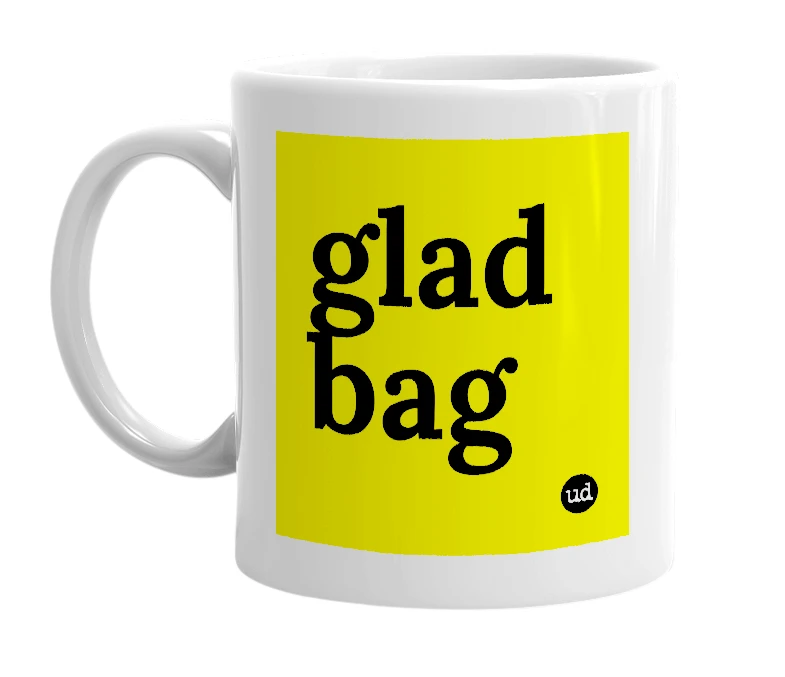 White mug with 'glad bag' in bold black letters