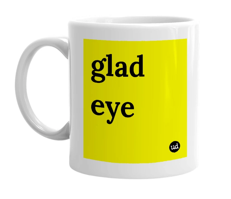 White mug with 'glad eye' in bold black letters