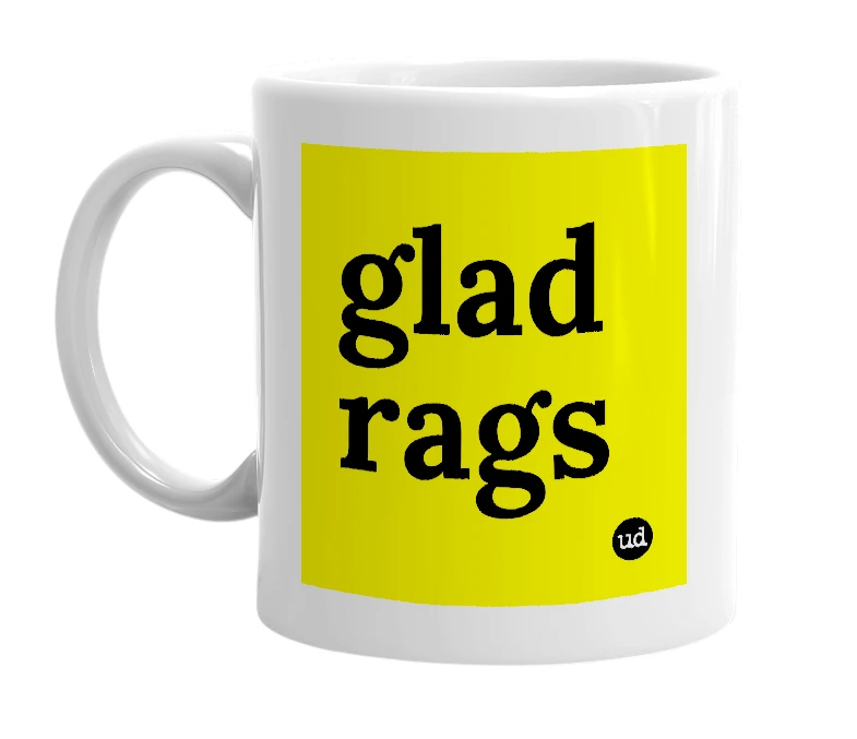 White mug with 'glad rags' in bold black letters