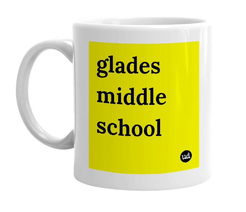 White mug with 'glades middle school' in bold black letters