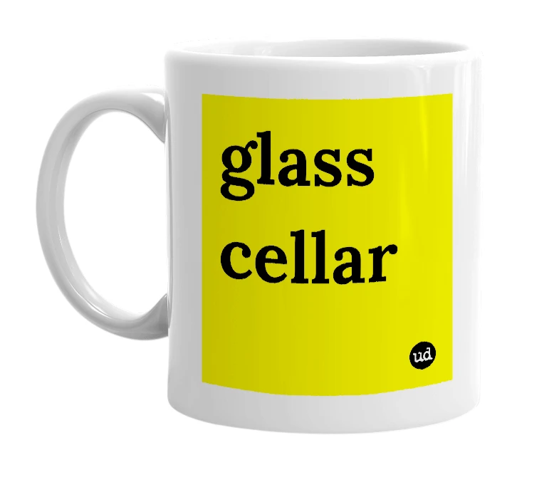 White mug with 'glass cellar' in bold black letters