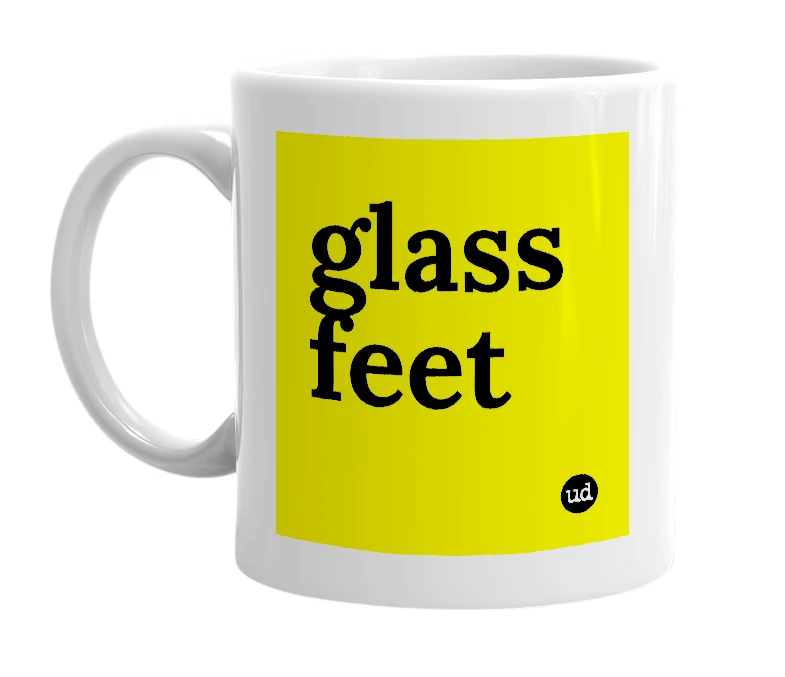 White mug with 'glass feet' in bold black letters