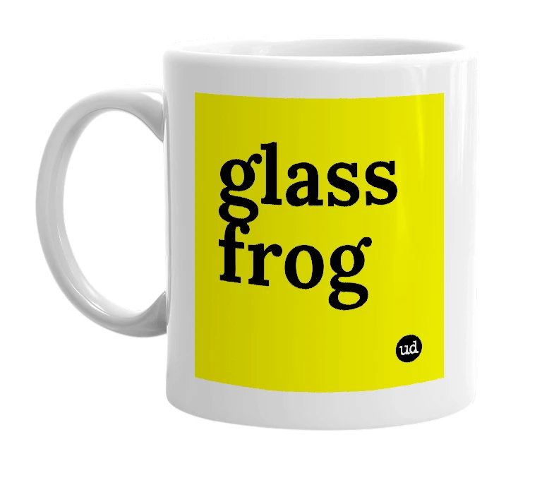 White mug with 'glass frog' in bold black letters