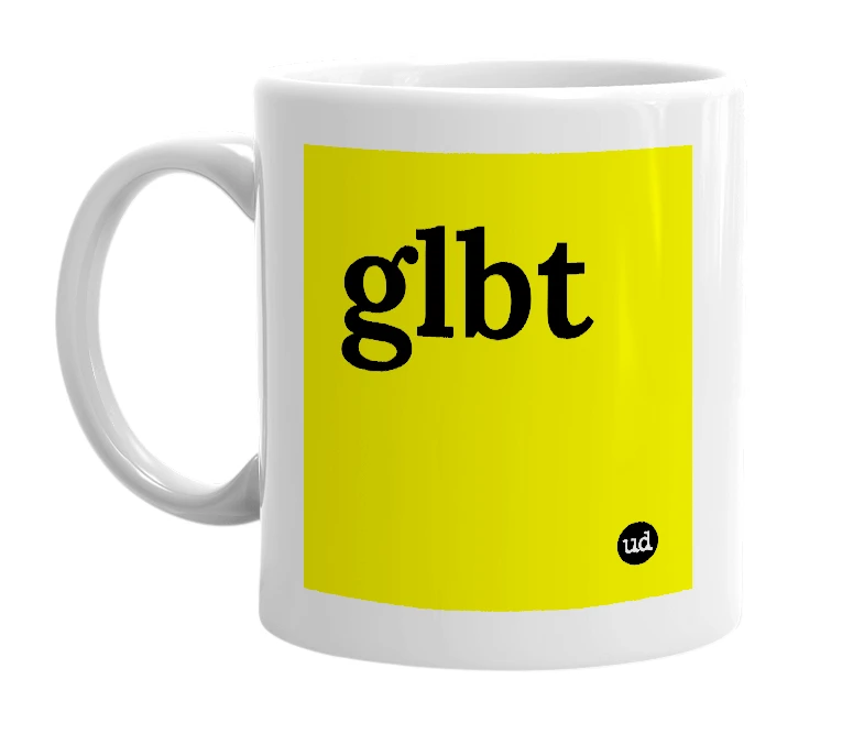 White mug with 'glbt' in bold black letters