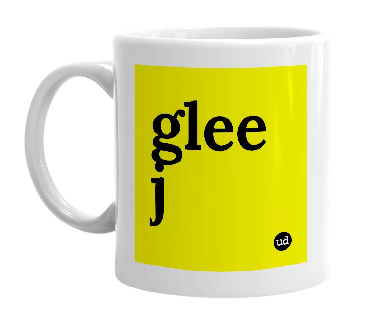 White mug with 'glee j' in bold black letters