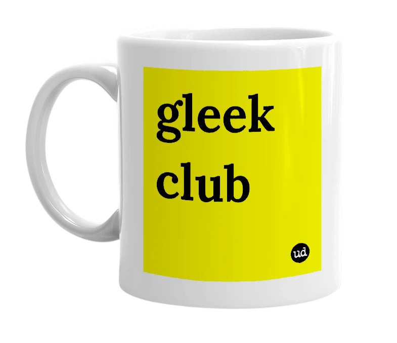 White mug with 'gleek club' in bold black letters