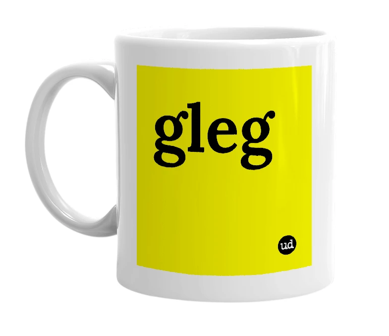 White mug with 'gleg' in bold black letters