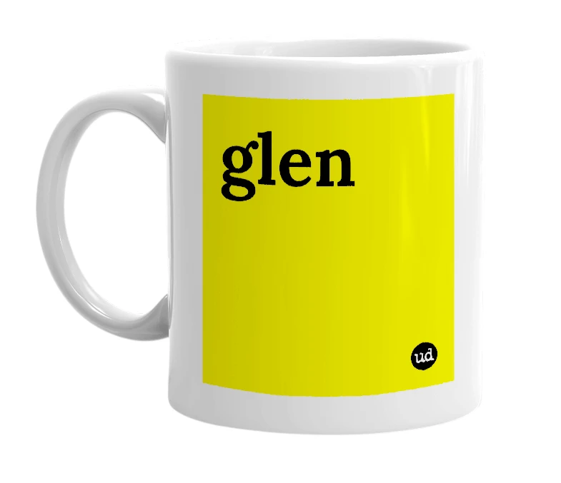 White mug with 'glen' in bold black letters