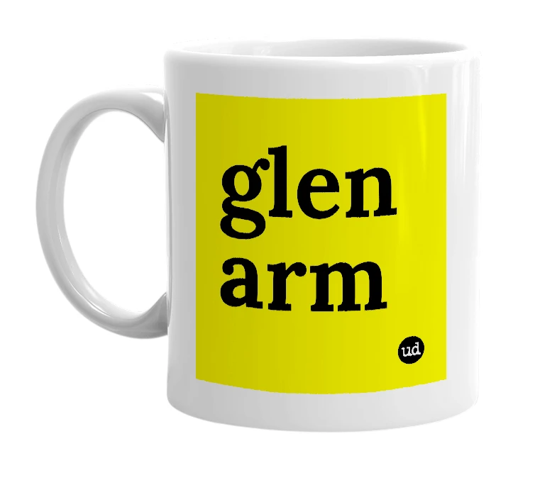 White mug with 'glen arm' in bold black letters
