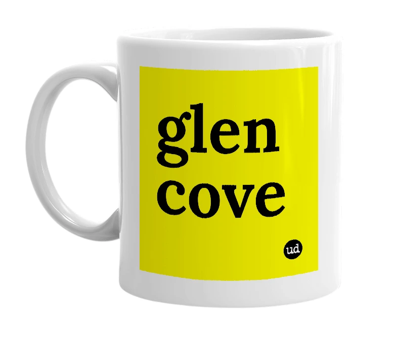 White mug with 'glen cove' in bold black letters