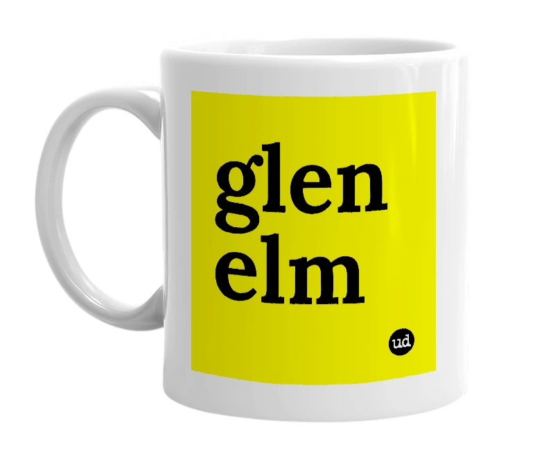 White mug with 'glen elm' in bold black letters