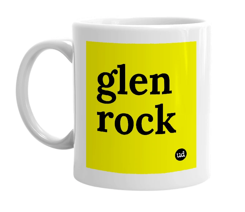 White mug with 'glen rock' in bold black letters