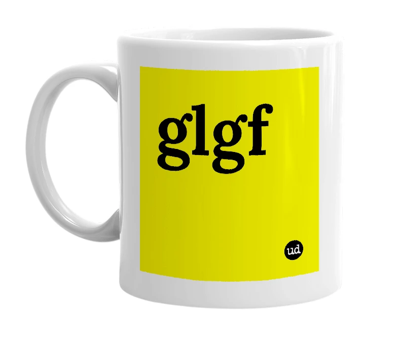 White mug with 'glgf' in bold black letters