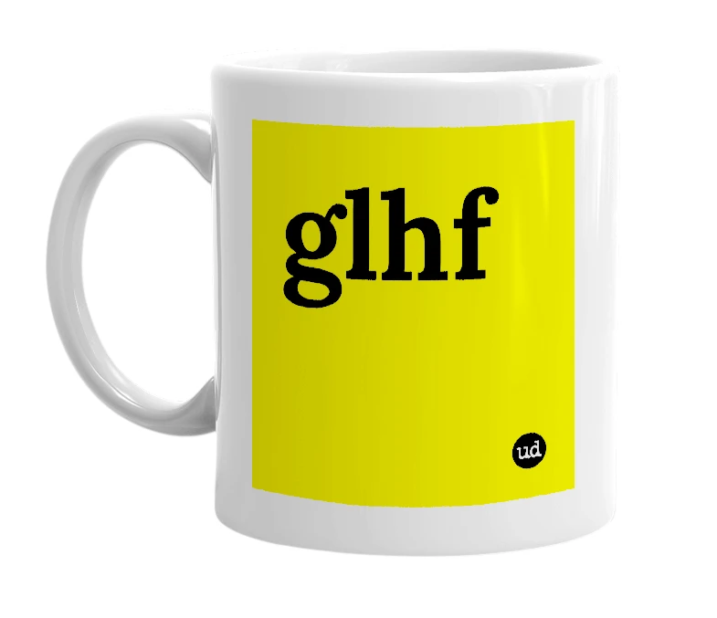 White mug with 'glhf' in bold black letters