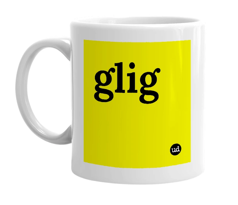 White mug with 'glig' in bold black letters