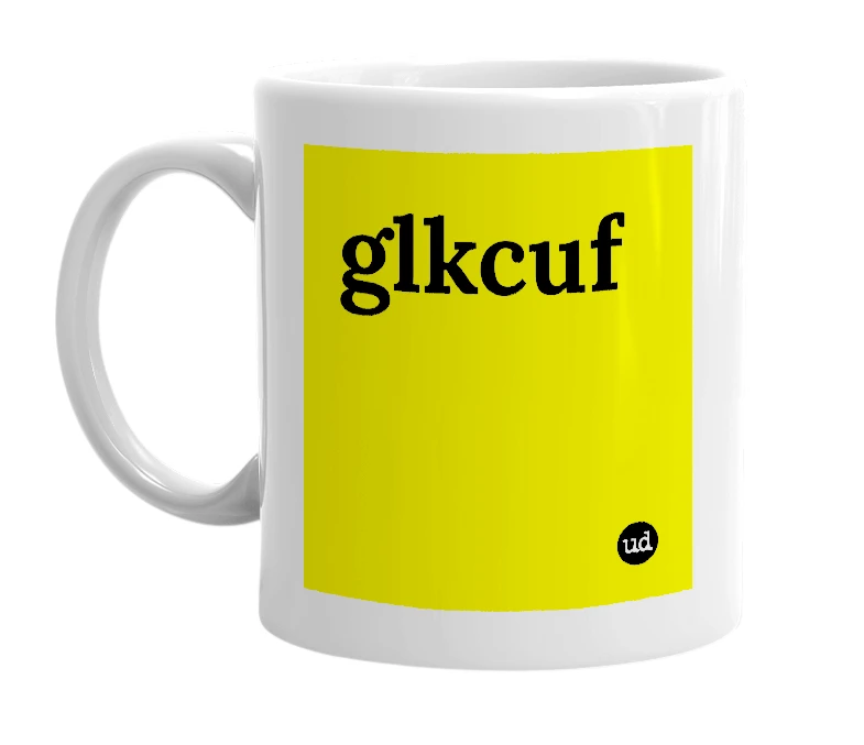 White mug with 'glkcuf' in bold black letters
