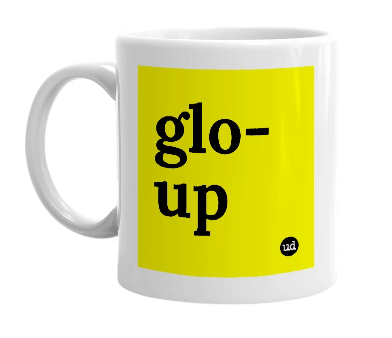 White mug with 'glo-up' in bold black letters