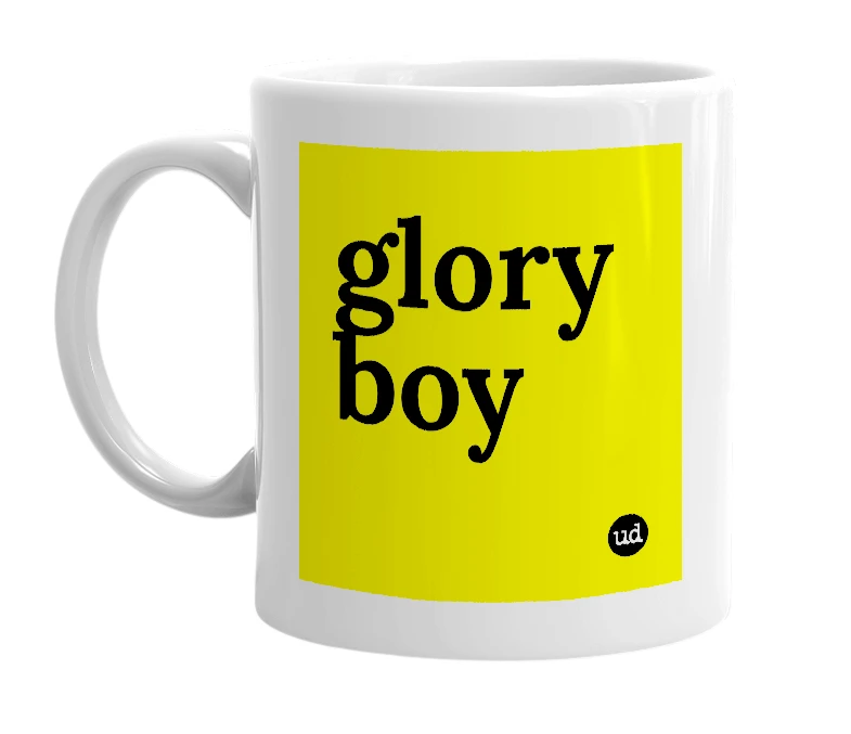 White mug with 'glory boy' in bold black letters