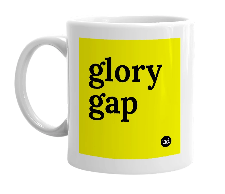 White mug with 'glory gap' in bold black letters