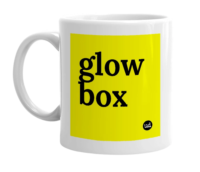 White mug with 'glow box' in bold black letters