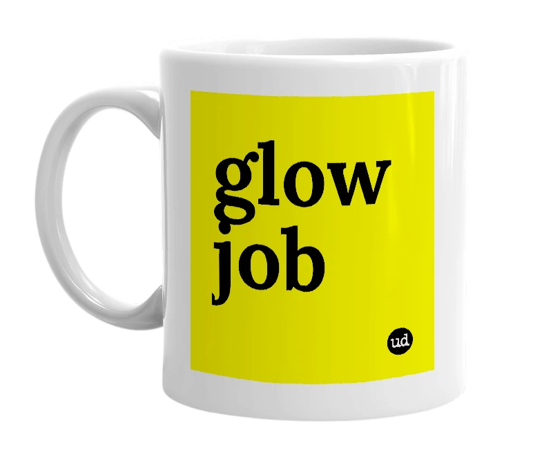 White mug with 'glow job' in bold black letters