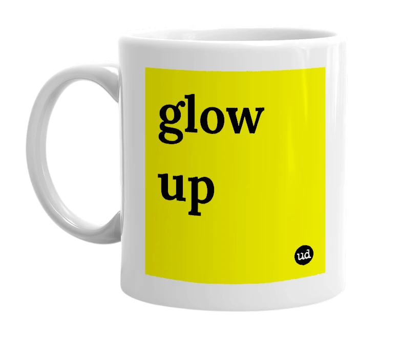 White mug with 'glow up' in bold black letters