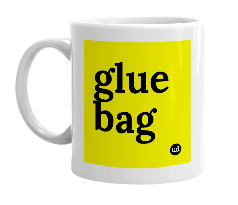 White mug with 'glue bag' in bold black letters