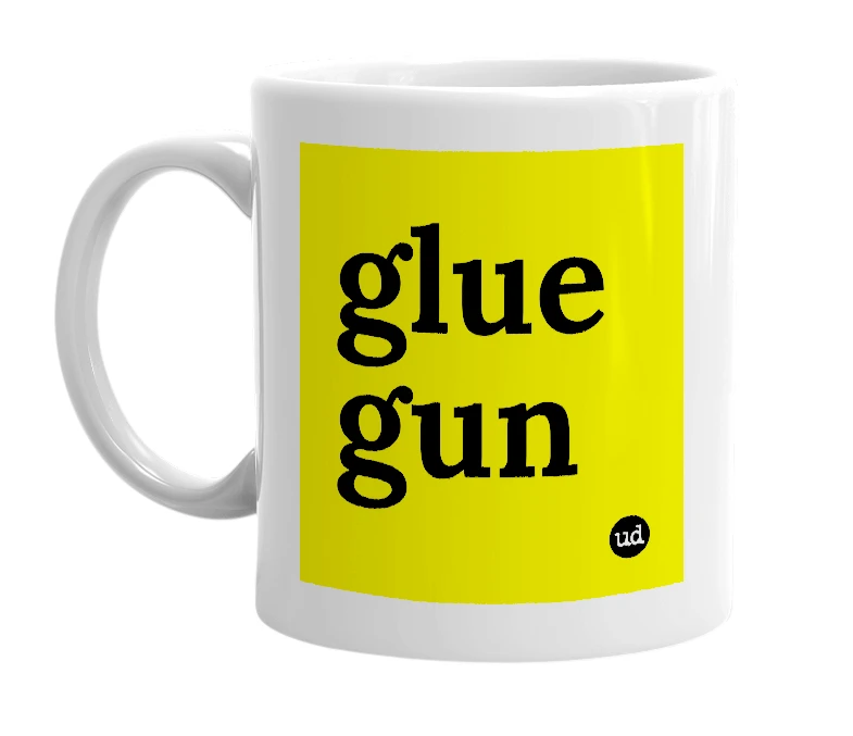 White mug with 'glue gun' in bold black letters