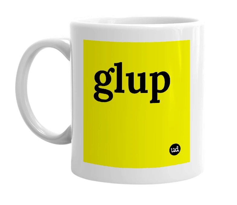 White mug with 'glup' in bold black letters