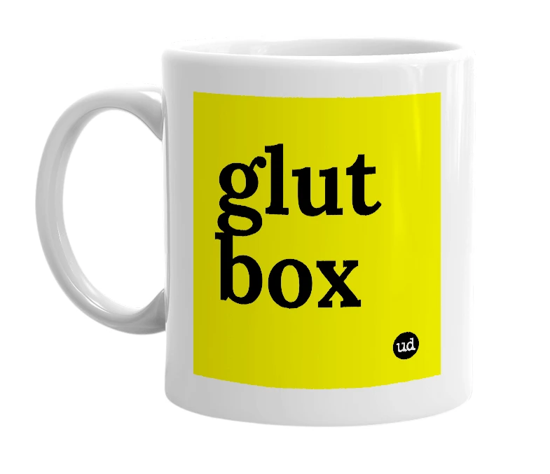 White mug with 'glut box' in bold black letters