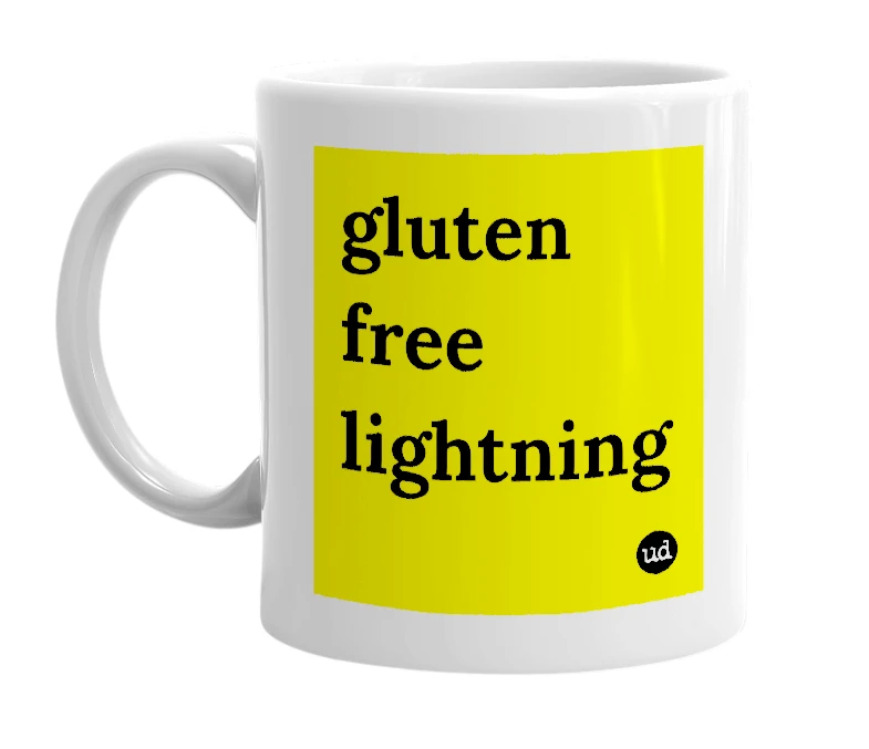 White mug with 'gluten free lightning' in bold black letters