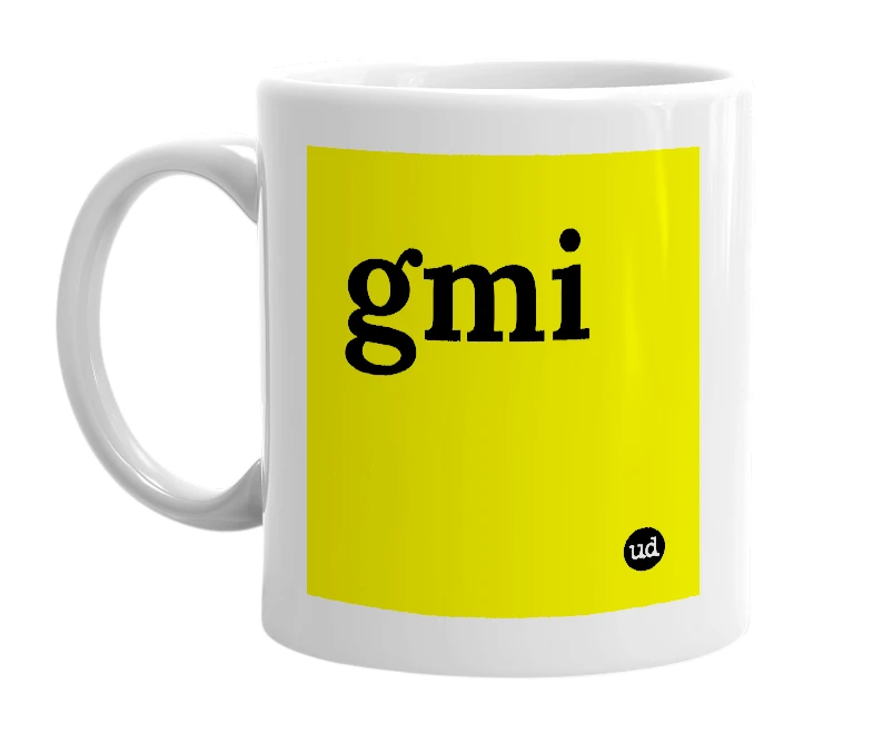 White mug with 'gmi' in bold black letters