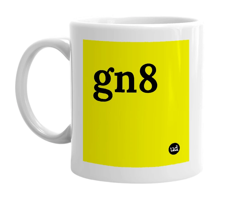 White mug with 'gn8' in bold black letters