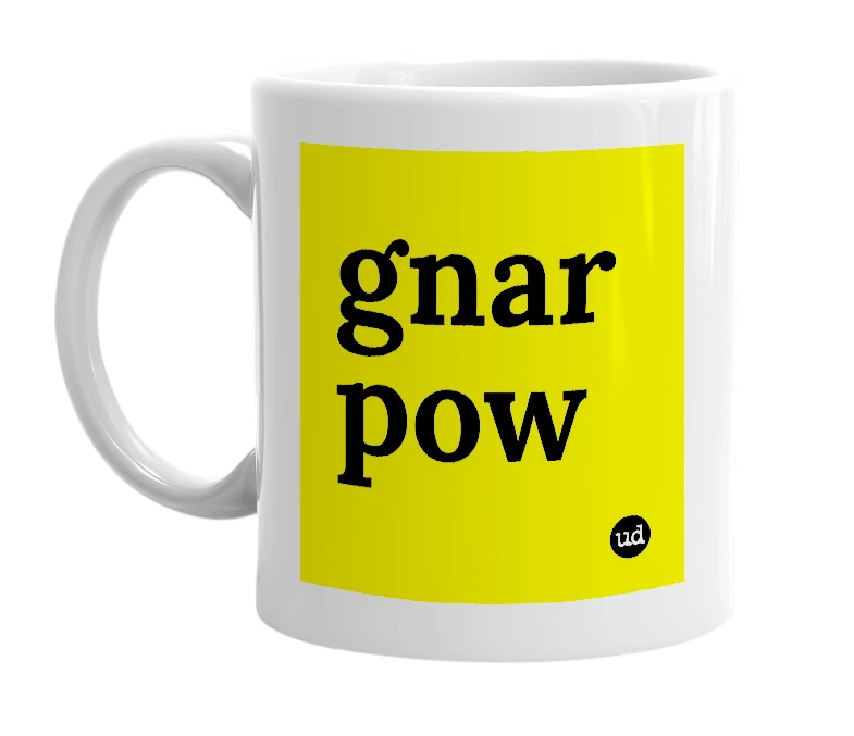 White mug with 'gnar pow' in bold black letters