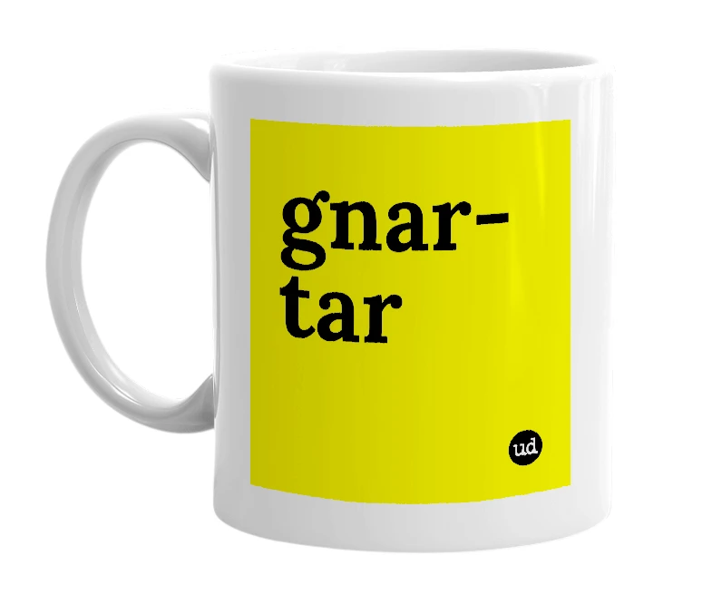 White mug with 'gnar-tar' in bold black letters