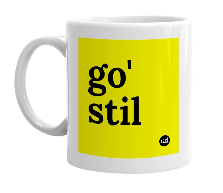 White mug with 'go' stil' in bold black letters