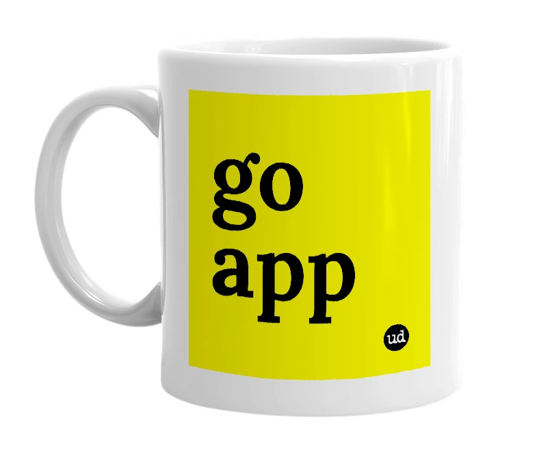 White mug with 'go app' in bold black letters