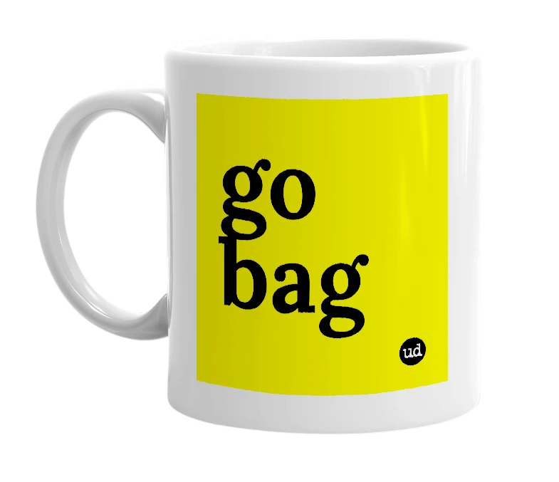 White mug with 'go bag' in bold black letters