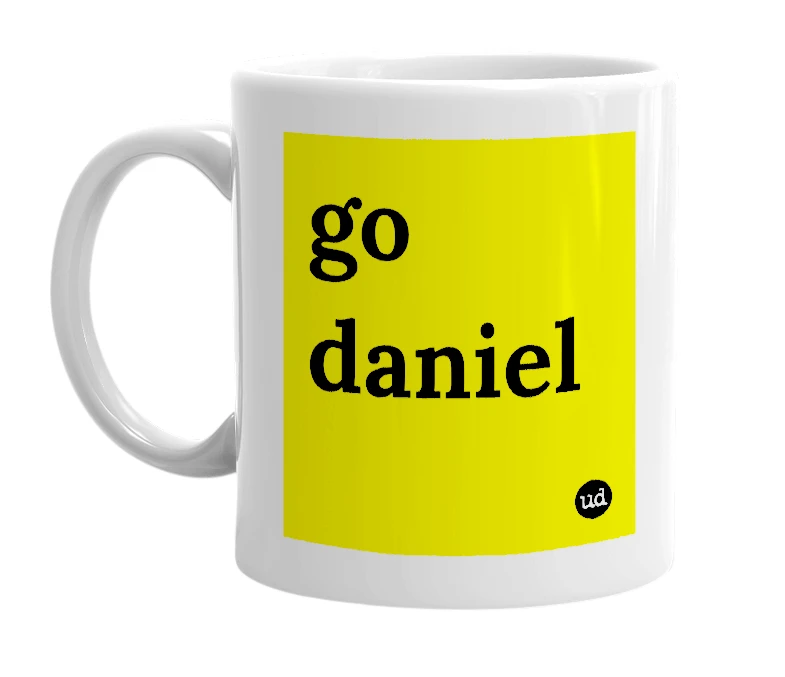 White mug with 'go daniel' in bold black letters
