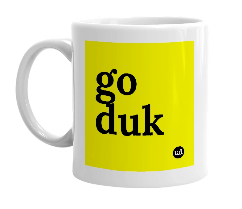 White mug with 'go duk' in bold black letters