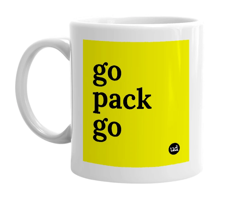 White mug with 'go pack go' in bold black letters