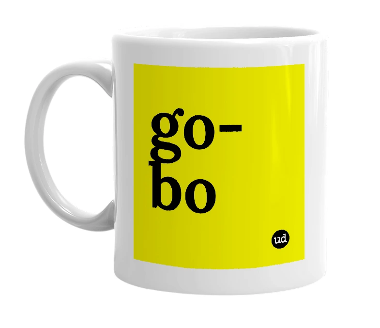 White mug with 'go-bo' in bold black letters