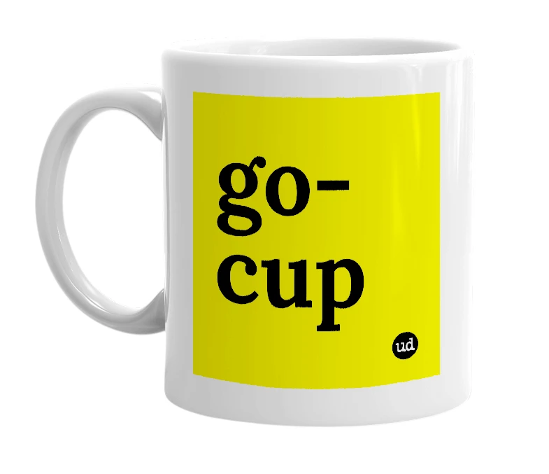 White mug with 'go-cup' in bold black letters