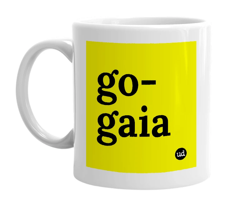 White mug with 'go-gaia' in bold black letters