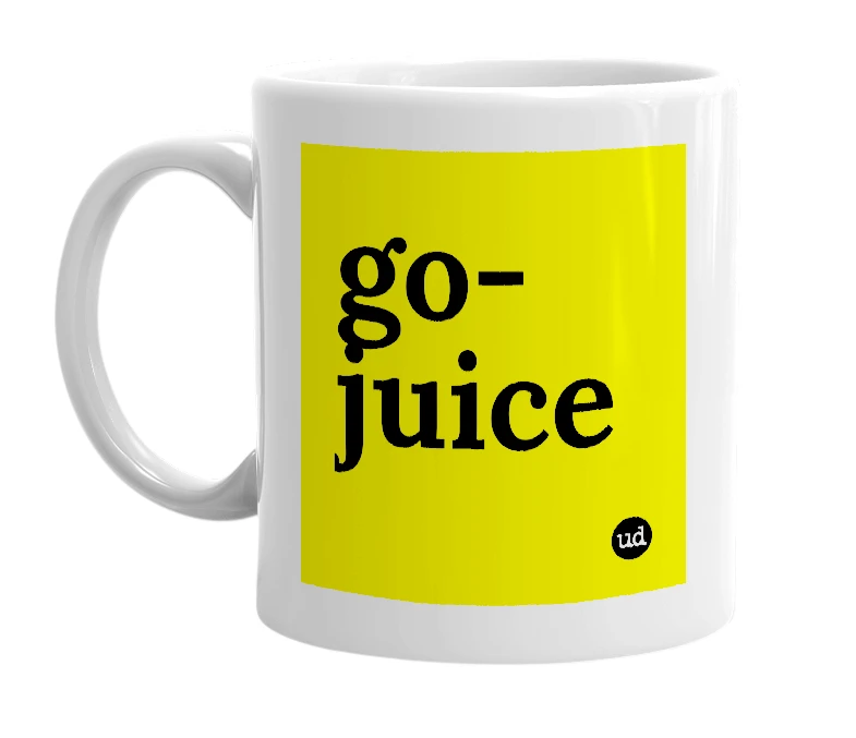 White mug with 'go-juice' in bold black letters