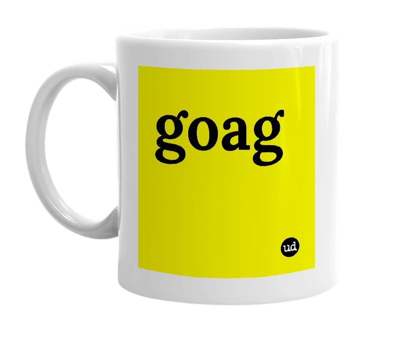 White mug with 'goag' in bold black letters